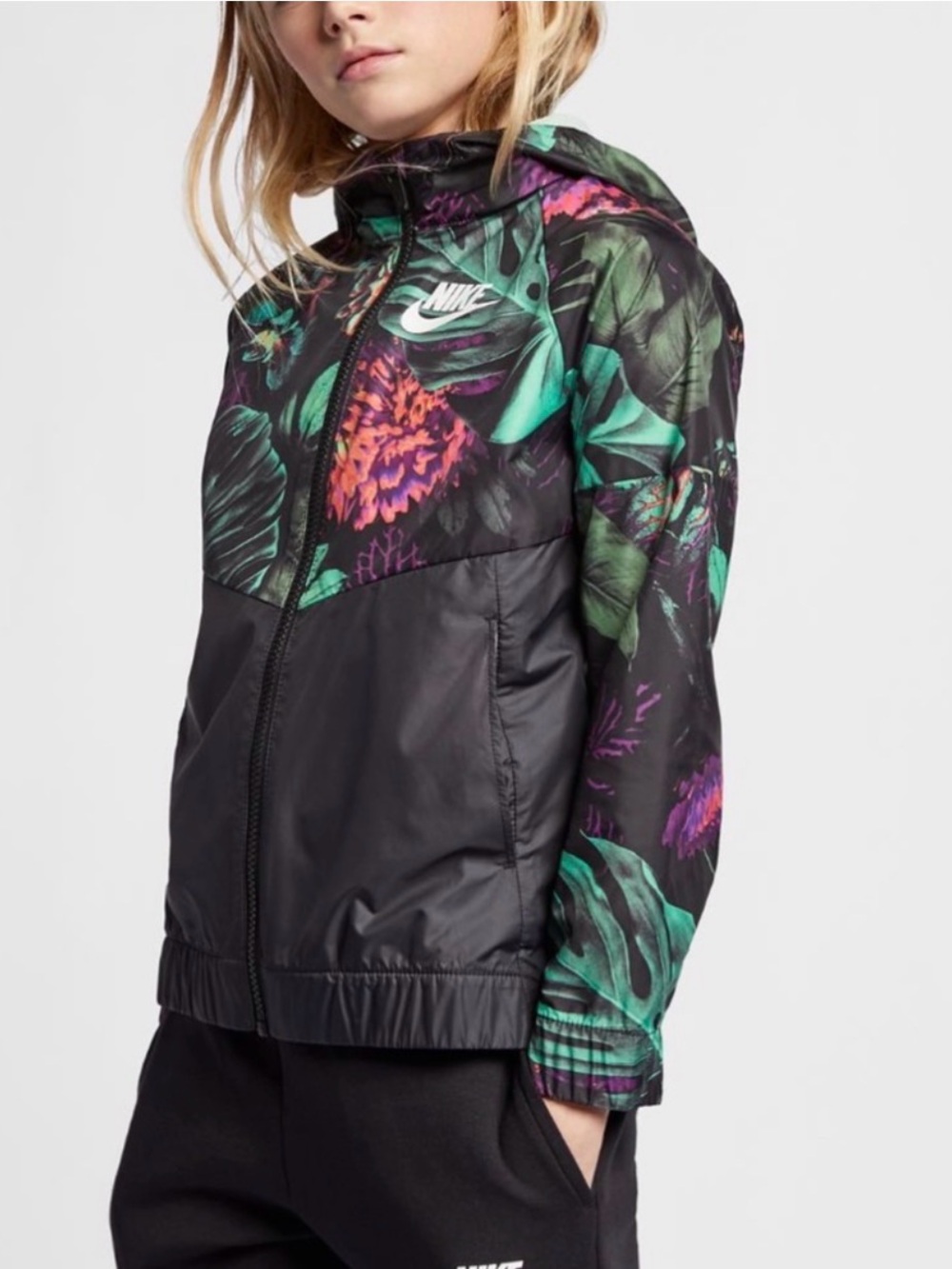 Nike Black Floral-Print Hooded Bomber Jacket